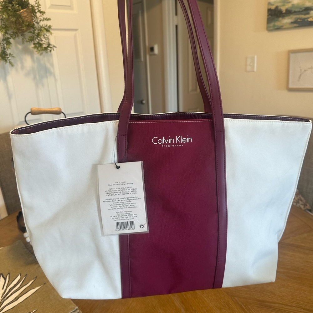 Calvin Klein White and Burgundy Canvas Tote
